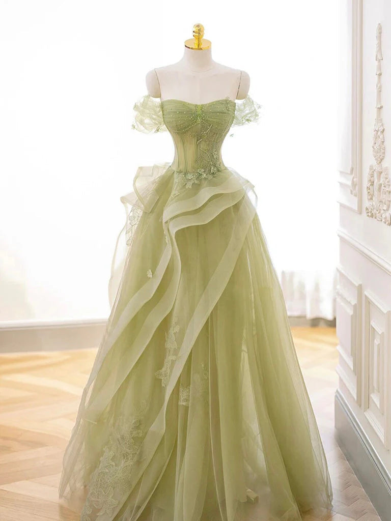 A-Line Off Shoulder Tulle Lace Long Prom Dress Green