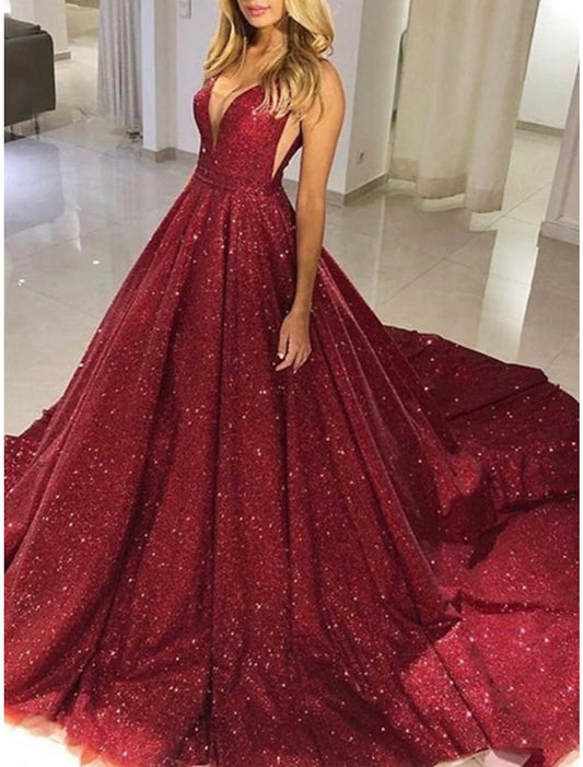 A-Line/Princess V-Neck Sleeveless Long Prom Dresses With Sequins Sparkly Evening Dresses