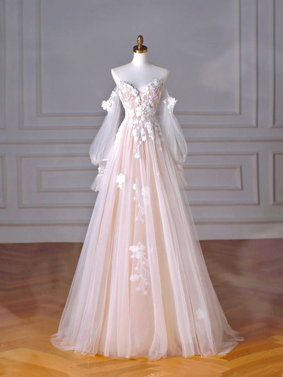Tulle Lace Sweetheart Neck Long Formal Dress A-Line Puff Sleeves Party Dress Off Shoulder