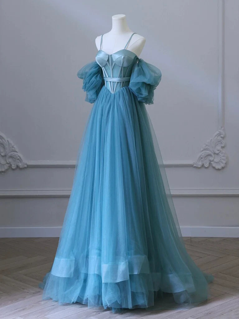 A-Line Sweetheart Neck Tulle Long Prom Dress Pure Color