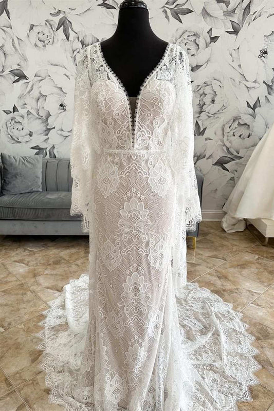 White Lace Plunge V Mermaid Long Wedding Dress with Bell Sleeves Sexy