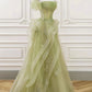 A-Line Off Shoulder Tulle Lace Long Prom Dress Green