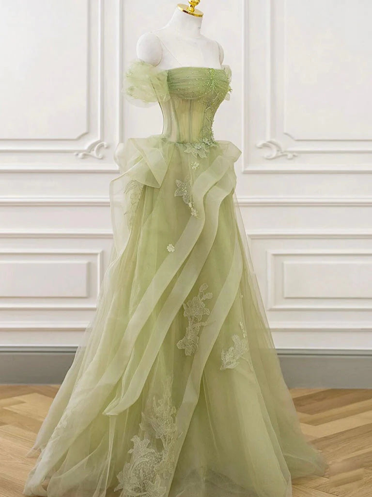 A-Line Off Shoulder Tulle Lace Long Prom Dress Green