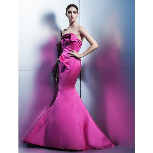 Mermaid / Trumpet Elegant Formal Evening Dress Strapless Sleeveless Sweep / Brush Train Satin with Flower Pure Color
