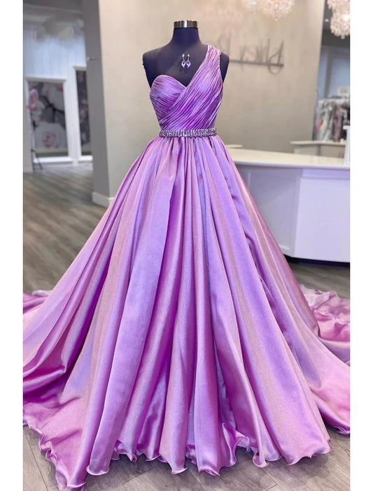 Ball Gown Evening Gown Luxurious Dress Wedding Party Court Train Sleeveless One Shoulder Belt / Sash Charmeuse with Ruched