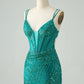 Classy Dark Green Bodycon Spaghetti Straps Corset Sequin Short Homecoming Dress Sexy