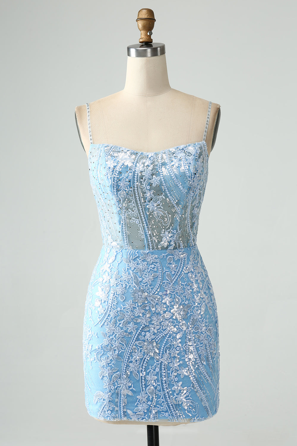 Sparkly Sky Blue Spaghetti Straps Short Homecoming Dress With Beading Sexy