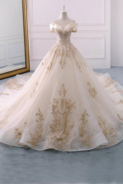 Champagne Embroidered Off-the-Shoulder Wedding Dress Long Beautiful