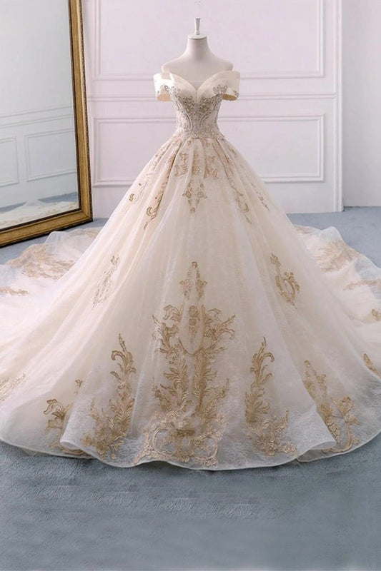 Champagne Embroidered Off-the-Shoulder Wedding Dress Long Beautiful
