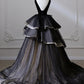 V Neck Tulle Velvet Long Prom Dress Black