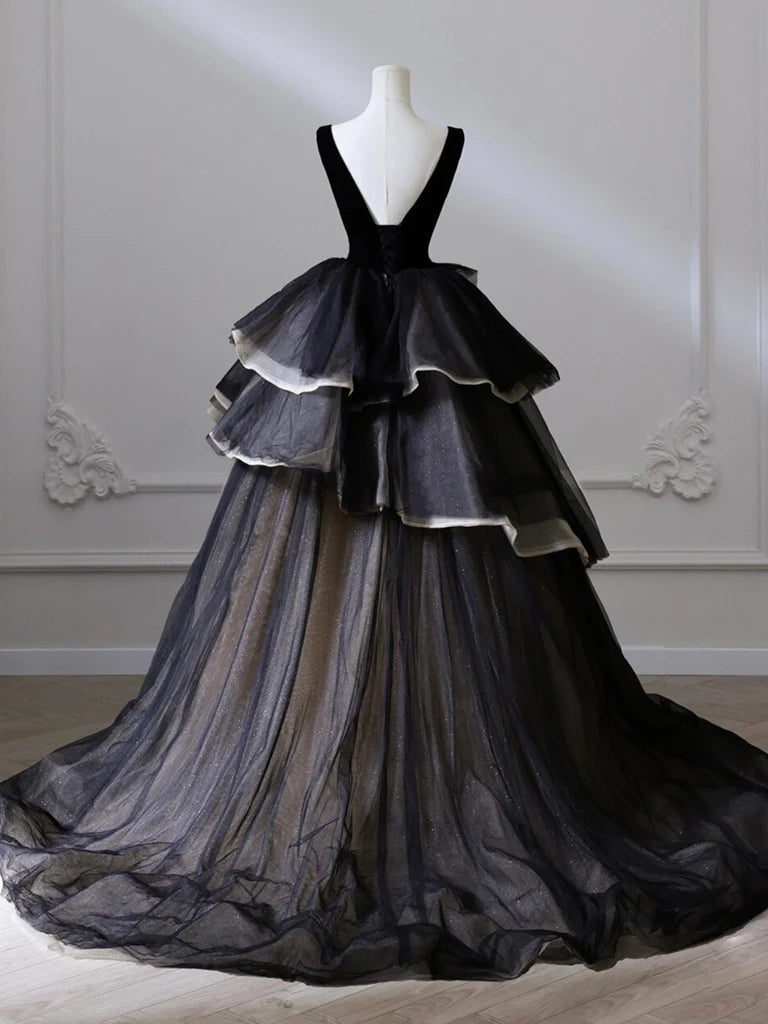 V Neck Tulle Velvet Long Prom Dress Black