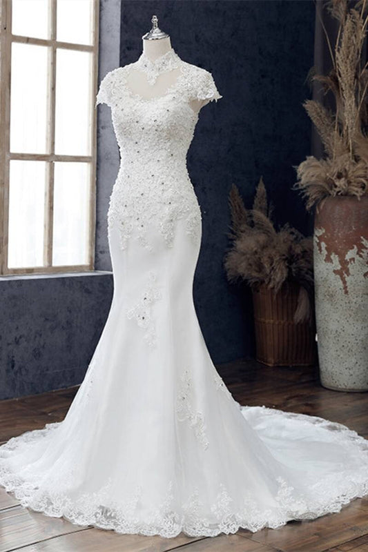 White Appliques High Collar Cutout Mermaid Wedding Dress Long