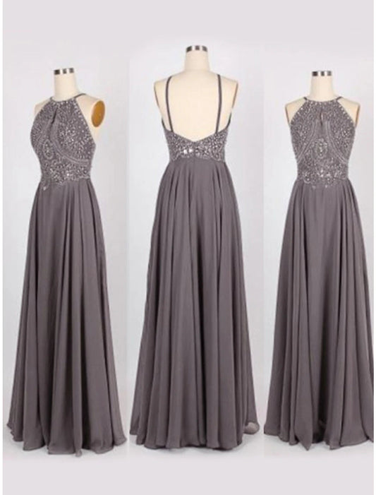 A-Line/Princess Halter Sleeveless Sweep/Brush Train Beading Chiffon Dresses Pure Color