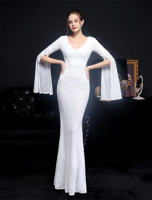 Mermaid / Trumpet Evening Gown Sparkle & Shine Dress Formal Floor Length Long Sleeve V Neck Sequined