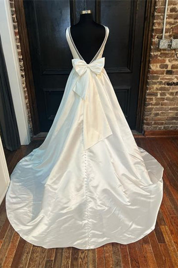 White Satin Plunging Neck Bow-Back A-Line Long Wedding Dress V-neck