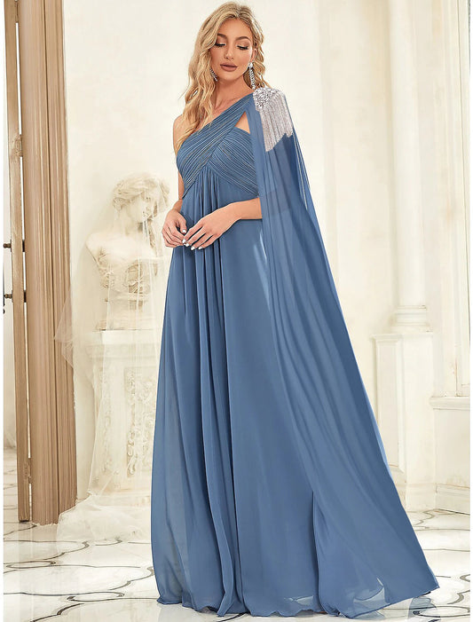 A-Line Evening Gown Empire Dress Wedding Guest Floor Length Sleeveless One Shoulder Chiffon with Crystals Shouder Flower