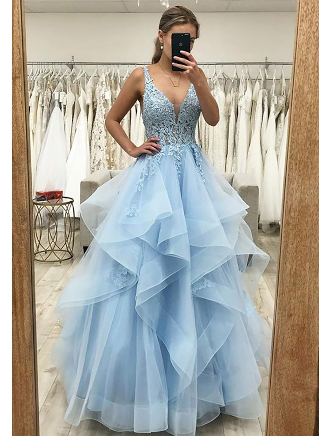 Ball Gown A-Line Prom Dresses Princess Dress Formal Floor Length Sleeveless V Neck Tulle Backless with Pleats