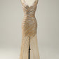 Sparkly Golden Backless Beaded Long Prom Dress with Slit Sexy Evening Dresses