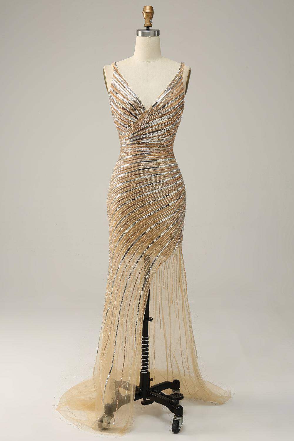 Sparkly Golden Backless Beaded Long Prom Dress with Slit Sexy Evening Dresses