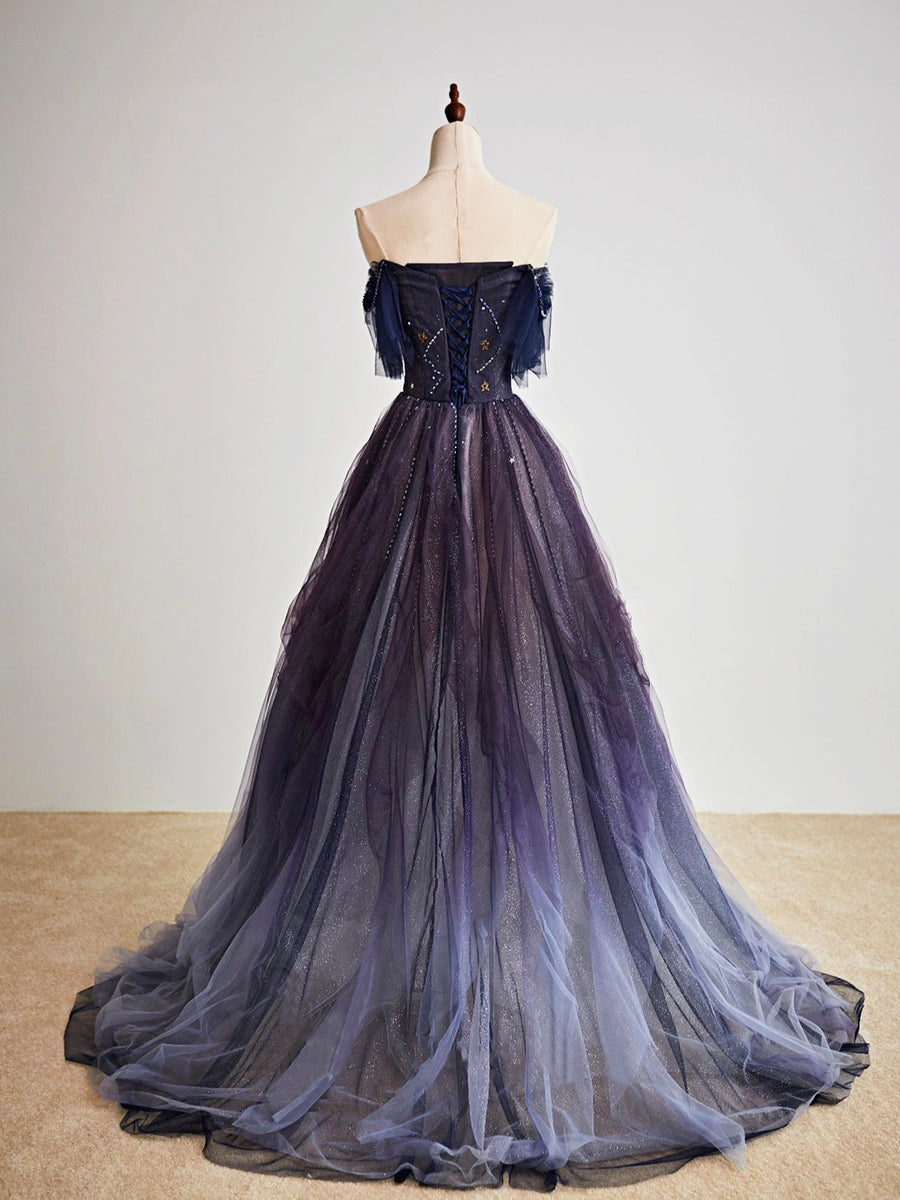 Purple Gradient Tulle Long Prom Dress Beautiful A-Line Evening Party Dress Off Shoulder