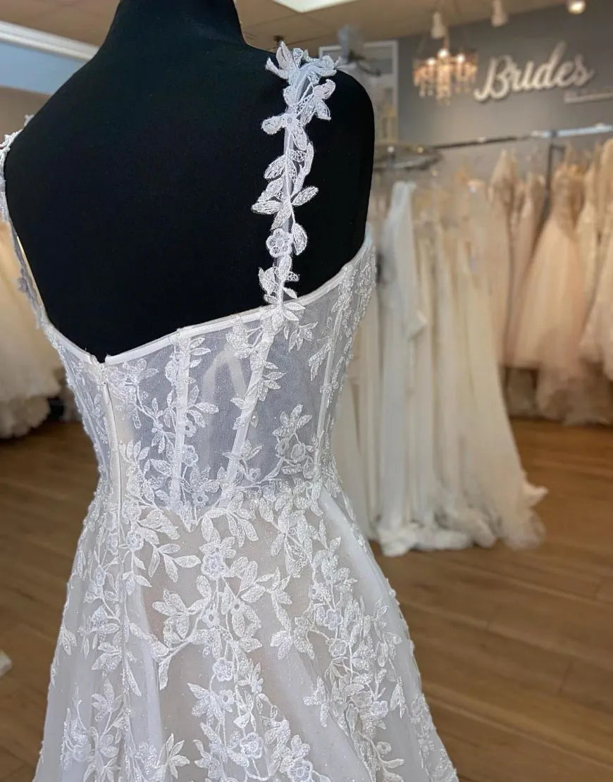 A-Line Spaghetti Straps Back Court Train Wedding Dress With Appliques Beautiful