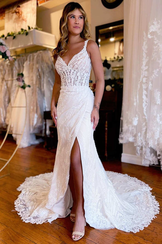 White Lace Queen Anne Mermaid Long Wedding Dress with Slit Sexy