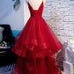 A line Red Ruffles Spaghetti Straps V Neck Prom Dresses Backless Long Evening Dresses Sparkly