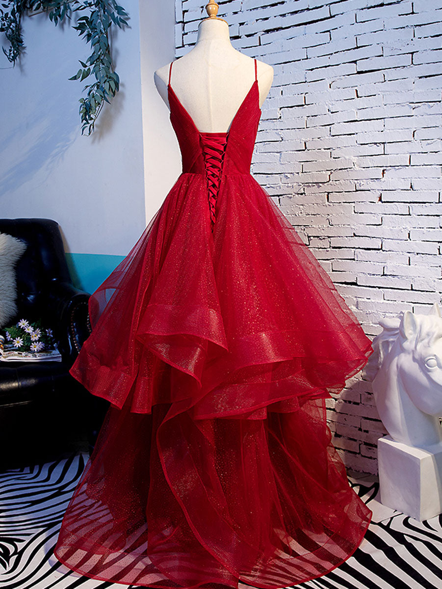 A line Red Ruffles Spaghetti Straps V Neck Prom Dresses Backless Long Evening Dresses Sparkly