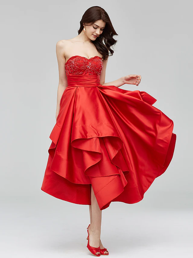 A-Line Fit & Flare Open Back Homecoming Cocktail Party Prom Dress Sweetheart Neckline Sleeveless Asymmetrical Satin with Beading