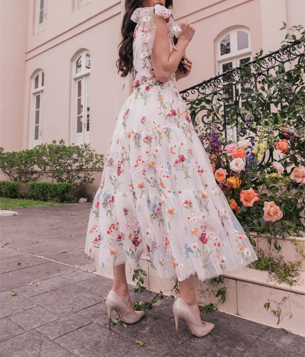 A-Line/Princess V-Neck Short Sleeves Floral Formal Party Dresses With Flowers Beautiful