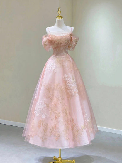 Pink Spaghetti Strap Tulle Lace Short Prom Dress Cute A-Line Party Dress Off Shoulder