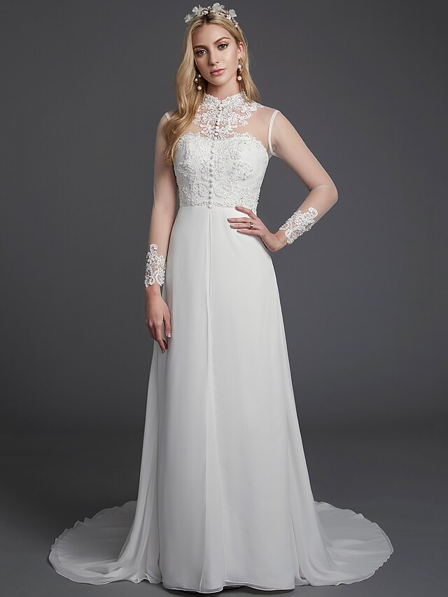 A-Line Wedding Dresses High Neck Court Train Chiffon Lace Long Sleeve Vintage Plus Size Backless with Lace