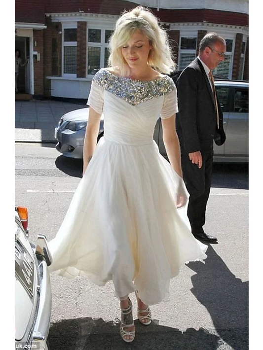 A-Line Wedding Dresses Jewel Neck Tea Length Chiffon Sequined Short Sleeve Country Romantic Sparkle & Shine with Pleats