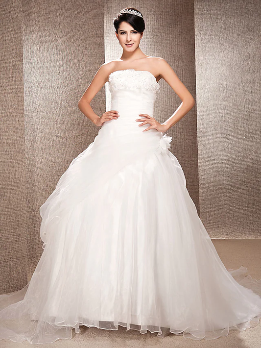 Ball Gown A-Line Wedding Dresses Strapless Court Train Organza Sleeveless Off Shoulder