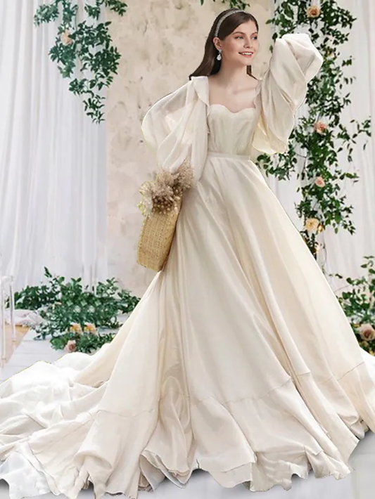 A-Line Wedding Dresses Scoop Neck Chapel Train Chiffon Long Sleeve Formal Simple Luxurious with Pleats Beautiful