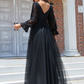 A-Line Wedding Dresses V Neck Floor Length Lace Tulle Long Sleeve Romantic Sexy Black with Pleats