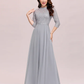 A-Line Mother of the Bride Dress Plus Size Elegant Jewel Neck Floor Length Chiffon Lace Length Sleeve