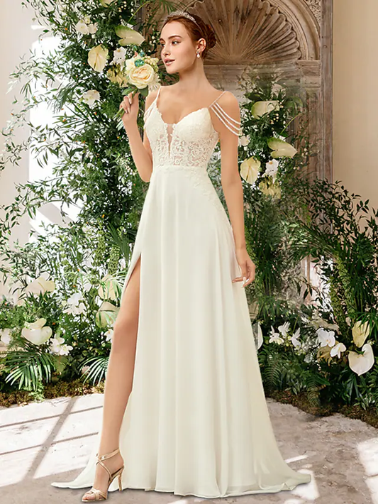 A-Line Wedding Dresses Sweetheart Neckline Spaghetti Strap Chiffon Lace Sleeveless Simple Sexy with Beading Appliques