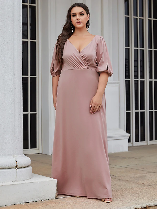 A-Line V Neck Floor Length Satin Stretch Satin Bridesmaid Dress with Ruching Plus Size