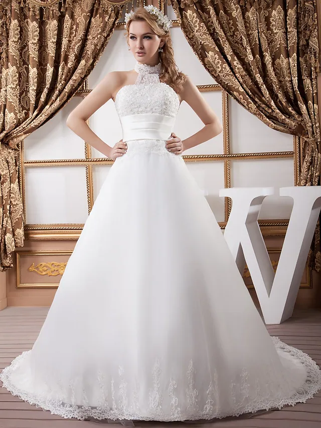 A-Line Wedding Dresses High Neck Court Train Lace Satin Tulle Regular Straps with Ruched Beading