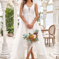 A-Line Wedding Dresses V Neck Chiffon Lace Tulle Sleeveless Romantic Casual with Lace Ruched