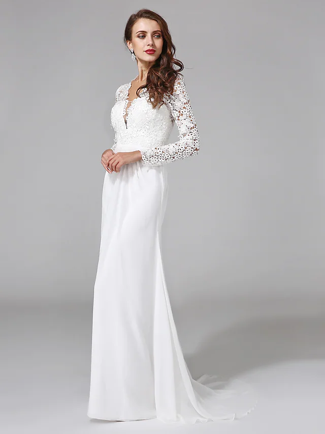 Wedding Dresses V NeckChiffon Floral Lace Long Sleeve Romantic Boho Illusion Sleeve with Lace