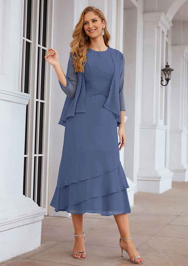 A-line Bateau Tea-Length Chiffon Mother of the Bride Dress With Pleated and Jacket Pure Color