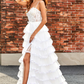 White A-Line Sparkly Sequin Ruffle Skirt Corset Tiered Prom Dress With Slit Long