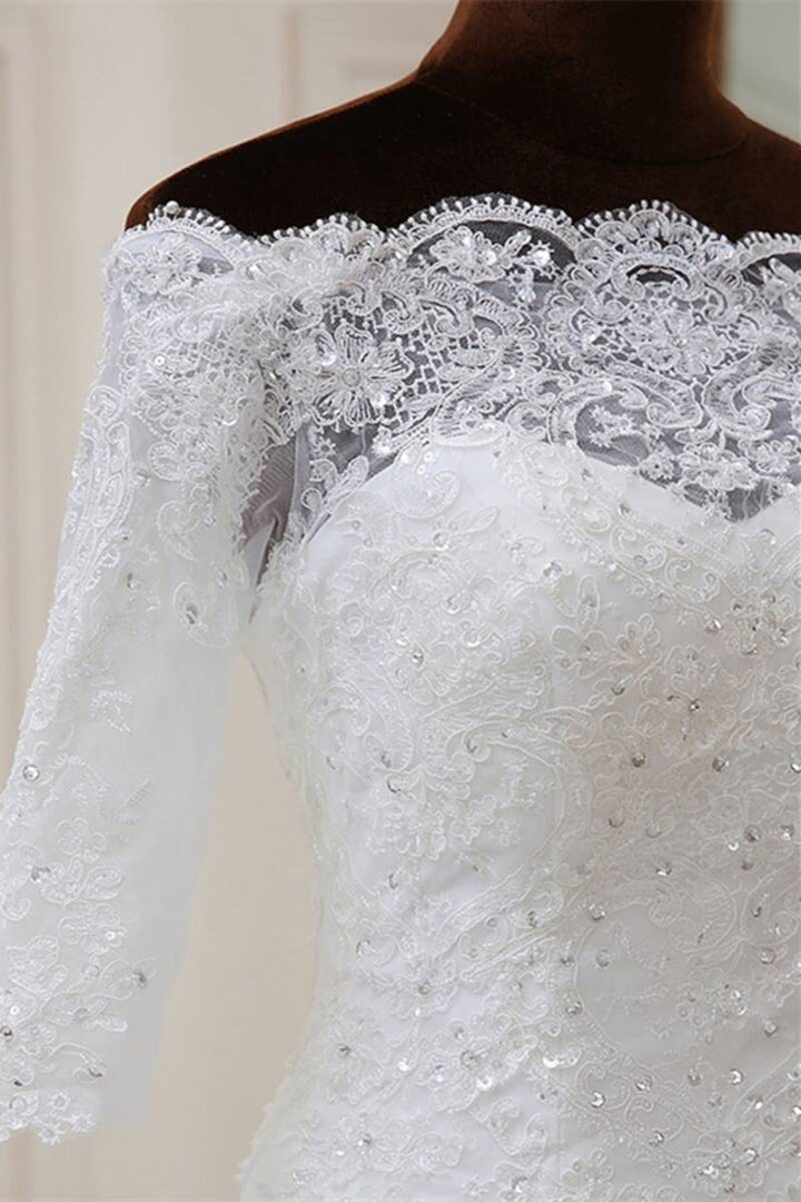 White Lace Off-the-Shoulder Half Sleeve Trumpet Wedding Dress Long