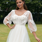 Ivory Puff Sleeves Corset Wedding Dress with 3D Flowers V-neck