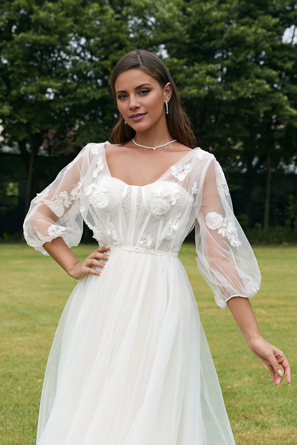 Ivory Puff Sleeves Corset Wedding Dress with 3D Flowers V-neck