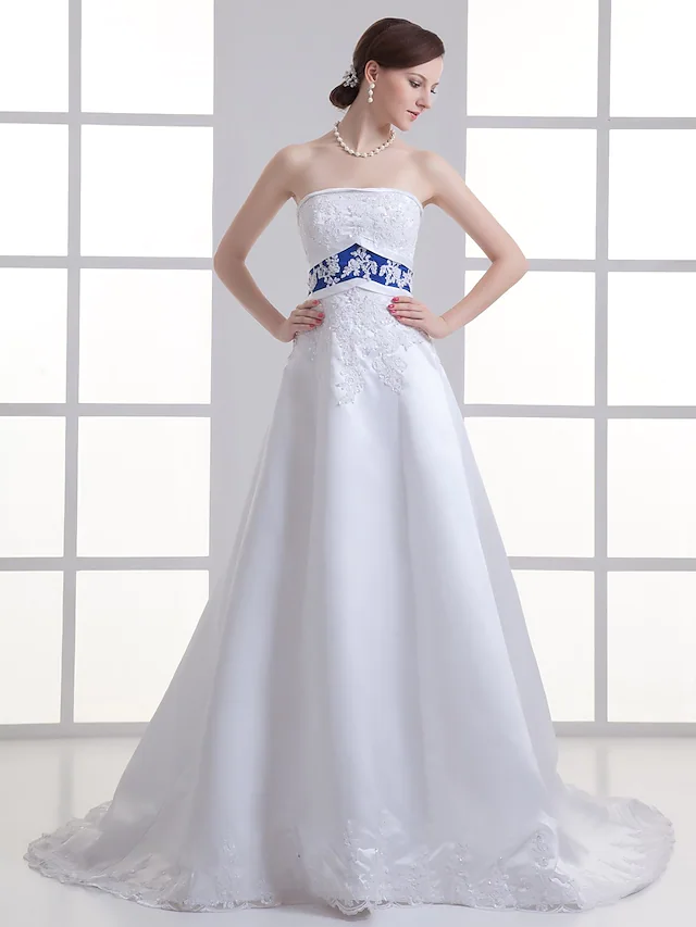 A-Line Wedding Dresses Strapless Court Train Lace Satin Strapless with Sashes Ribbons Beading