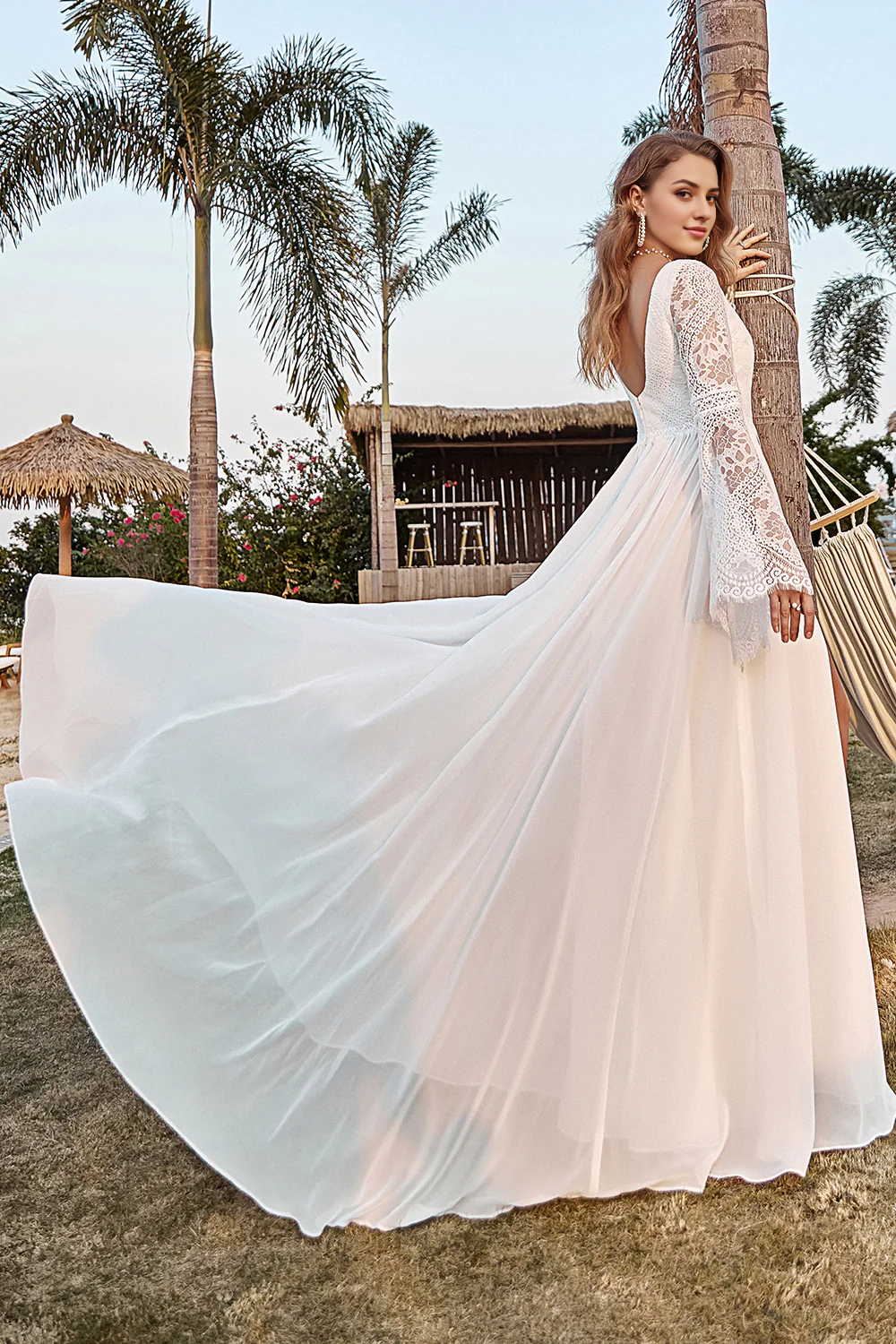 Ivory Lace Chiffon Trumpet Sleeve Boho Wedding Dress V-neck