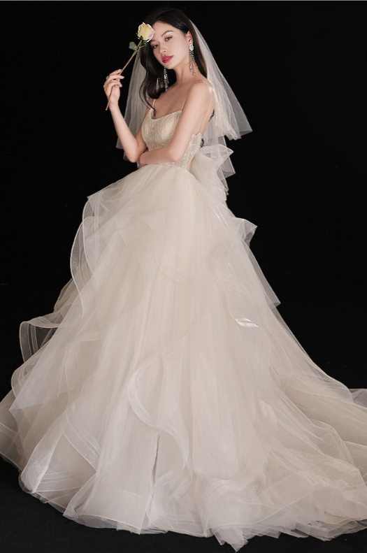 Gorgeous Ruffled Ballgown Wedding Dress with Spaghetti Straps Off Shoulder